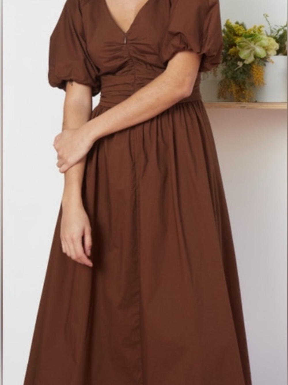 STAUD Brown Puff-Sleeve Midi Dress